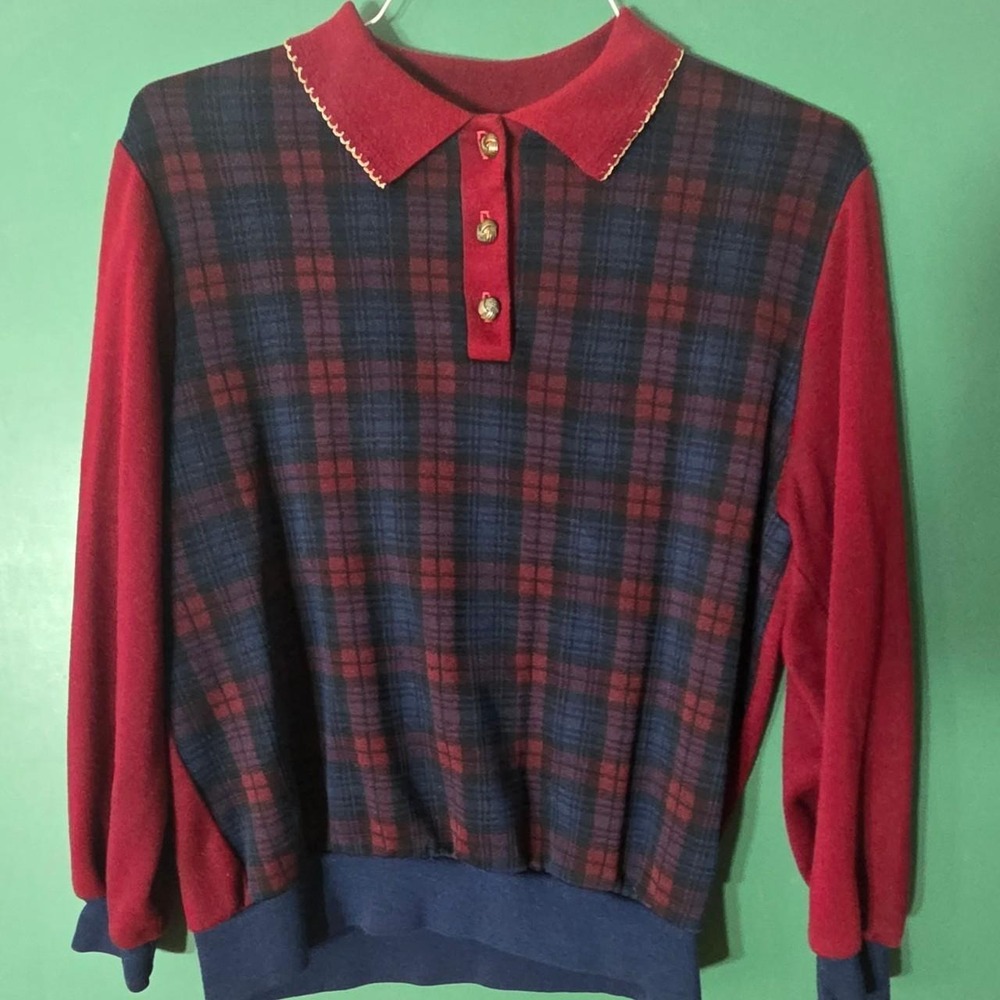 Vintage Cricket Lane 1980s Plaid Polo Sweater Red Blue Acrylic Pullover Large